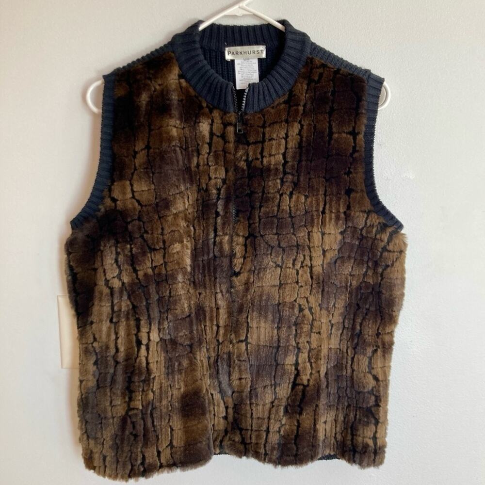 Parkhurst Womens M Brown Faux Fur Leopard Print Zip Front Vest Old Money Glam